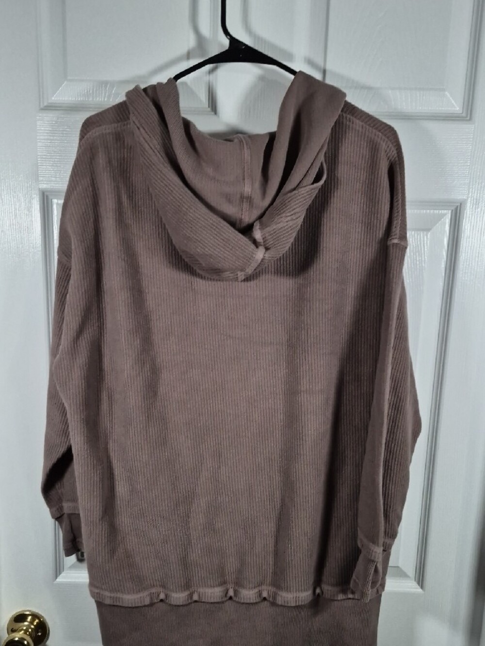 Women's Ribbed Hooded Henley Shirt - Taupe - Picture 2 of 2